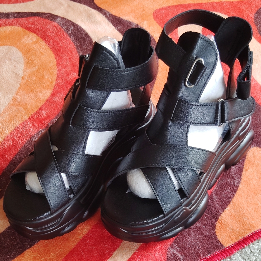 Black  Roman Style Platform Sandals New